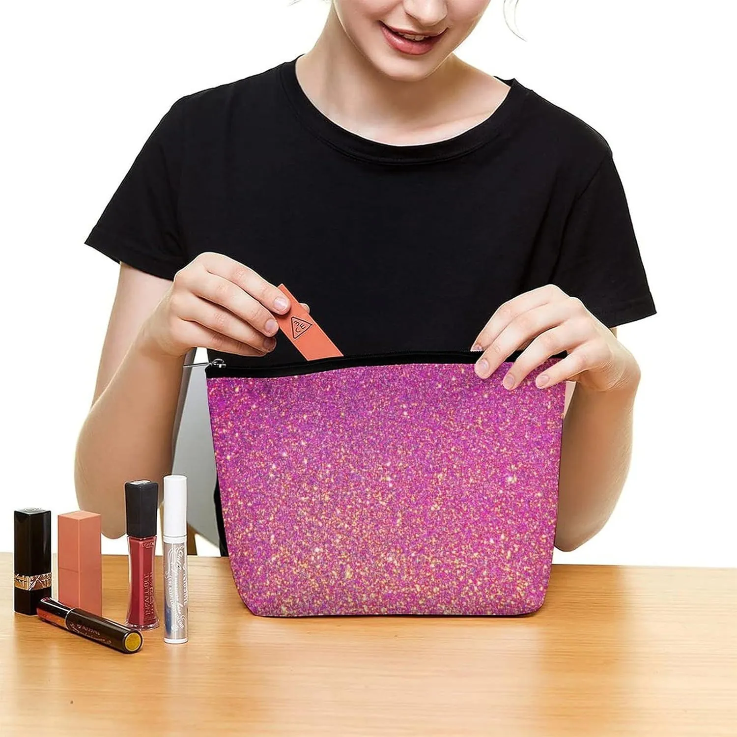 Elegant Makeup Bag, Cute Pink Glitter Sparkle Cosmetic Bag Large Capacity Pouch Portable Organizer for Men & Women
