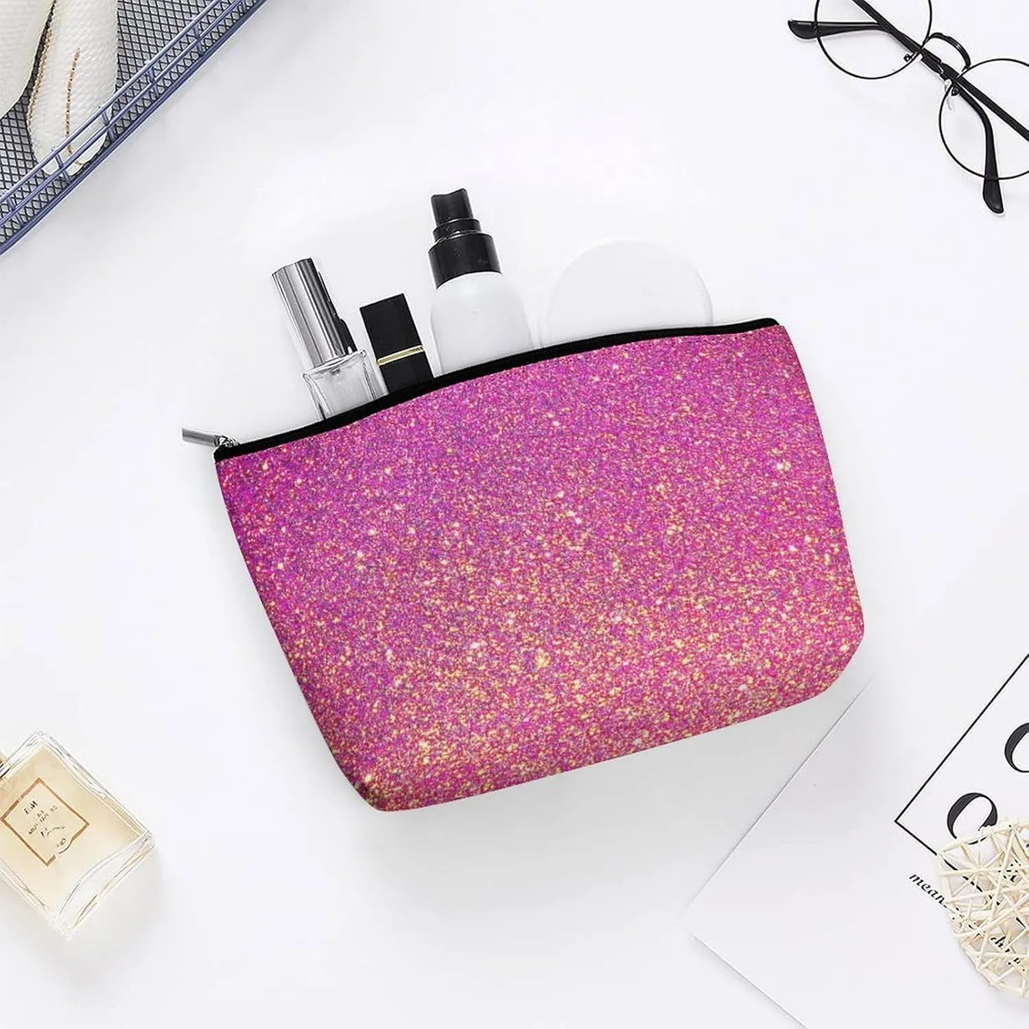 Elegant Makeup Bag, Cute Pink Glitter Sparkle Cosmetic Bag Large Capacity Pouch Portable Organizer for Men & Women