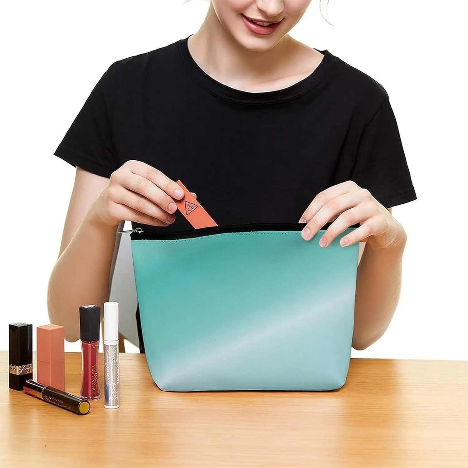 Elegant Makeup Bag, Metallic Aqua Blue Cosmetic Bag Large Capacity Pouch Portable Organizer for Men & Women