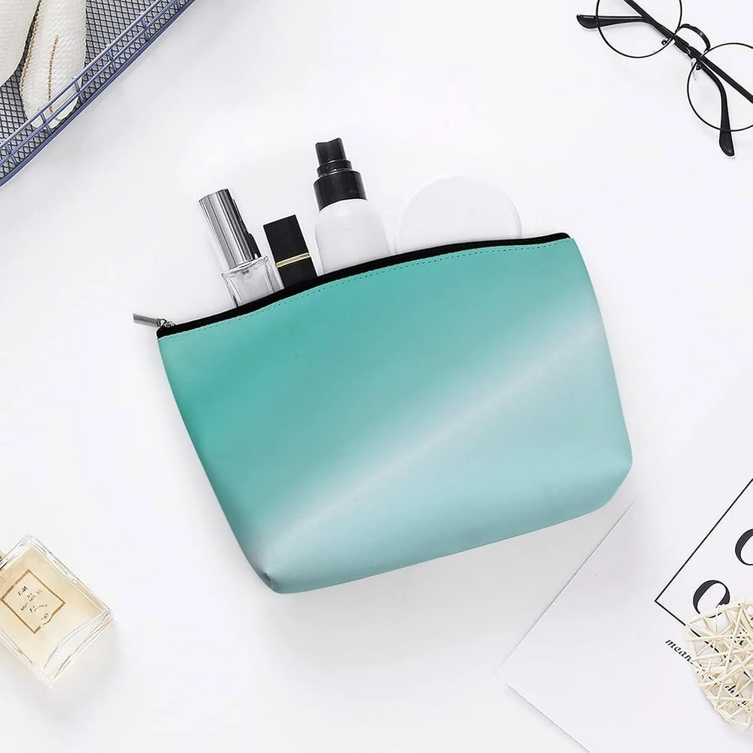 Elegant Makeup Bag, Metallic Aqua Blue Cosmetic Bag Large Capacity Pouch Portable Organizer for Men & Women