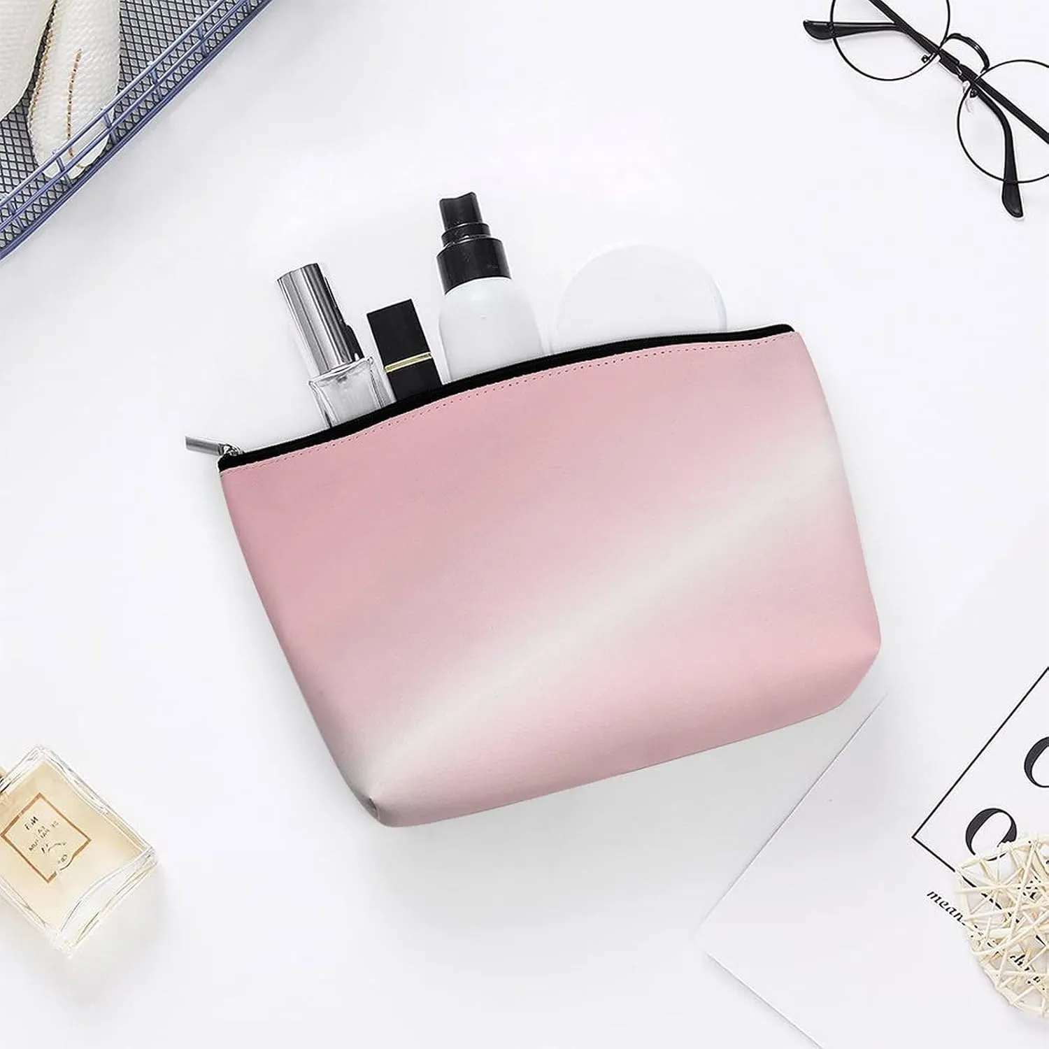 Elegant Makeup Bag, Metallic Blush Pink Cosmetic Bag Large Capacity Pouch Portable Organizer for Men & Women