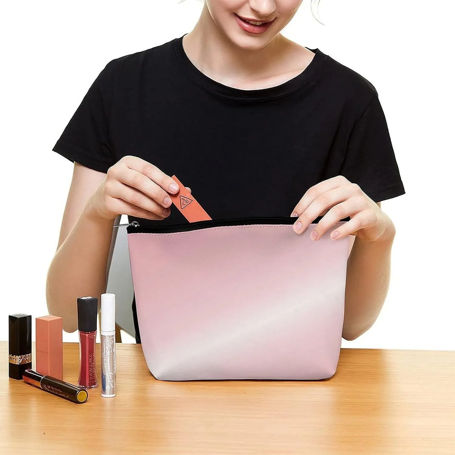 Elegant Makeup Bag, Metallic Blush Pink Cosmetic Bag Large Capacity Pouch Portable Organizer for Men & Women