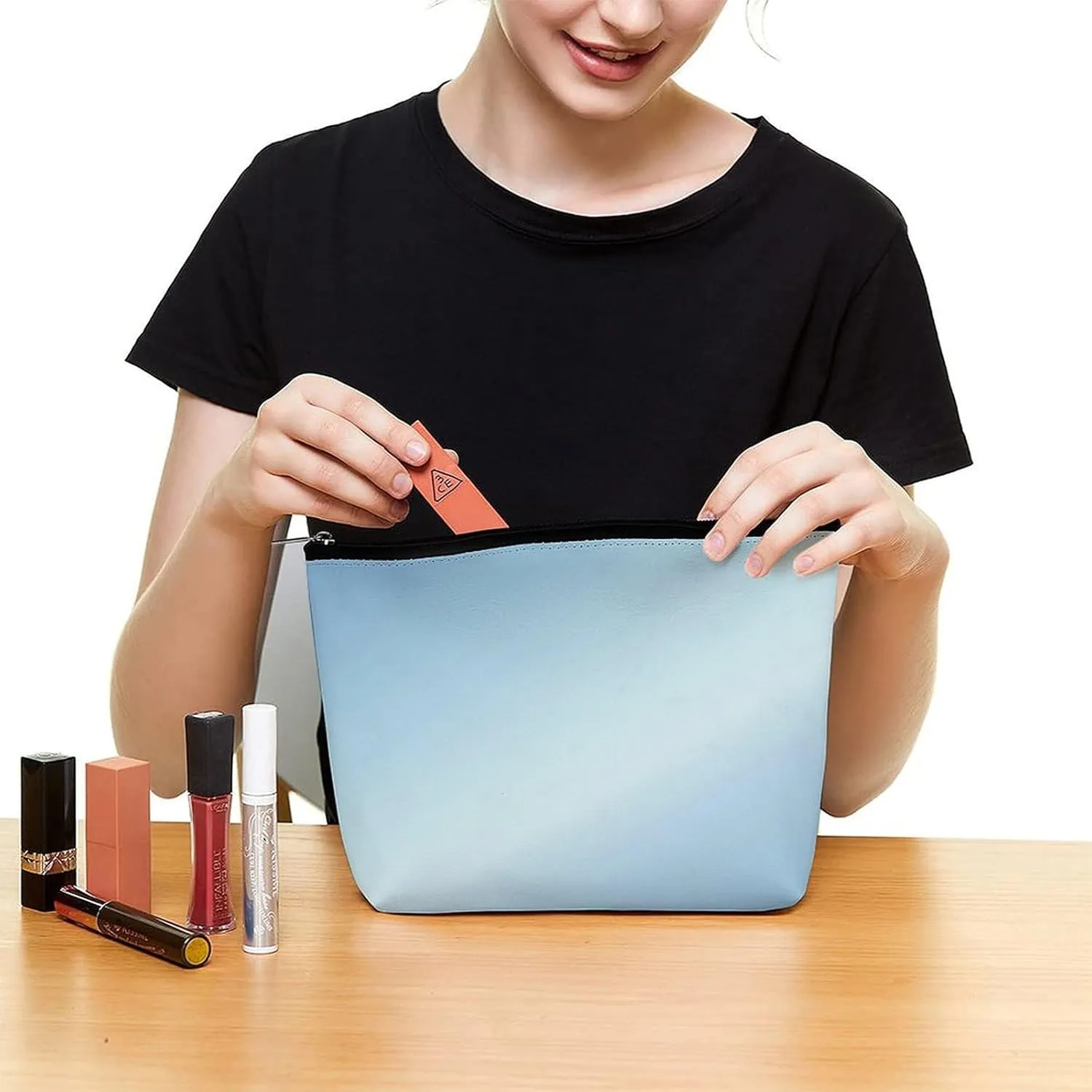 Elegant Makeup Bag, Metallic Ice Blue Cosmetic Bag Large Capacity Pouch Portable Organizer for Men & Women