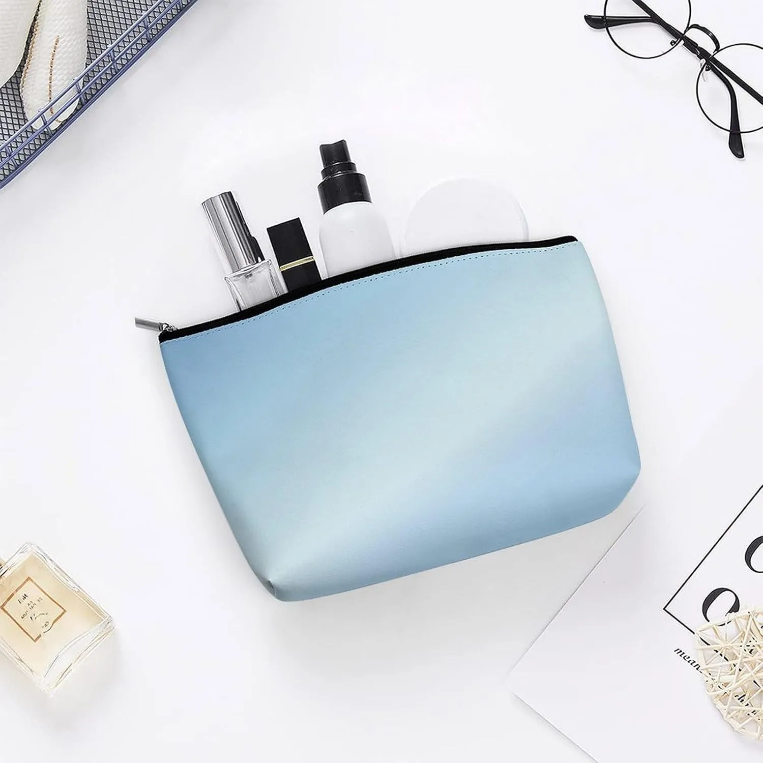 Elegant Makeup Bag, Metallic Ice Blue Cosmetic Bag Large Capacity Pouch Portable Organizer for Men & Women