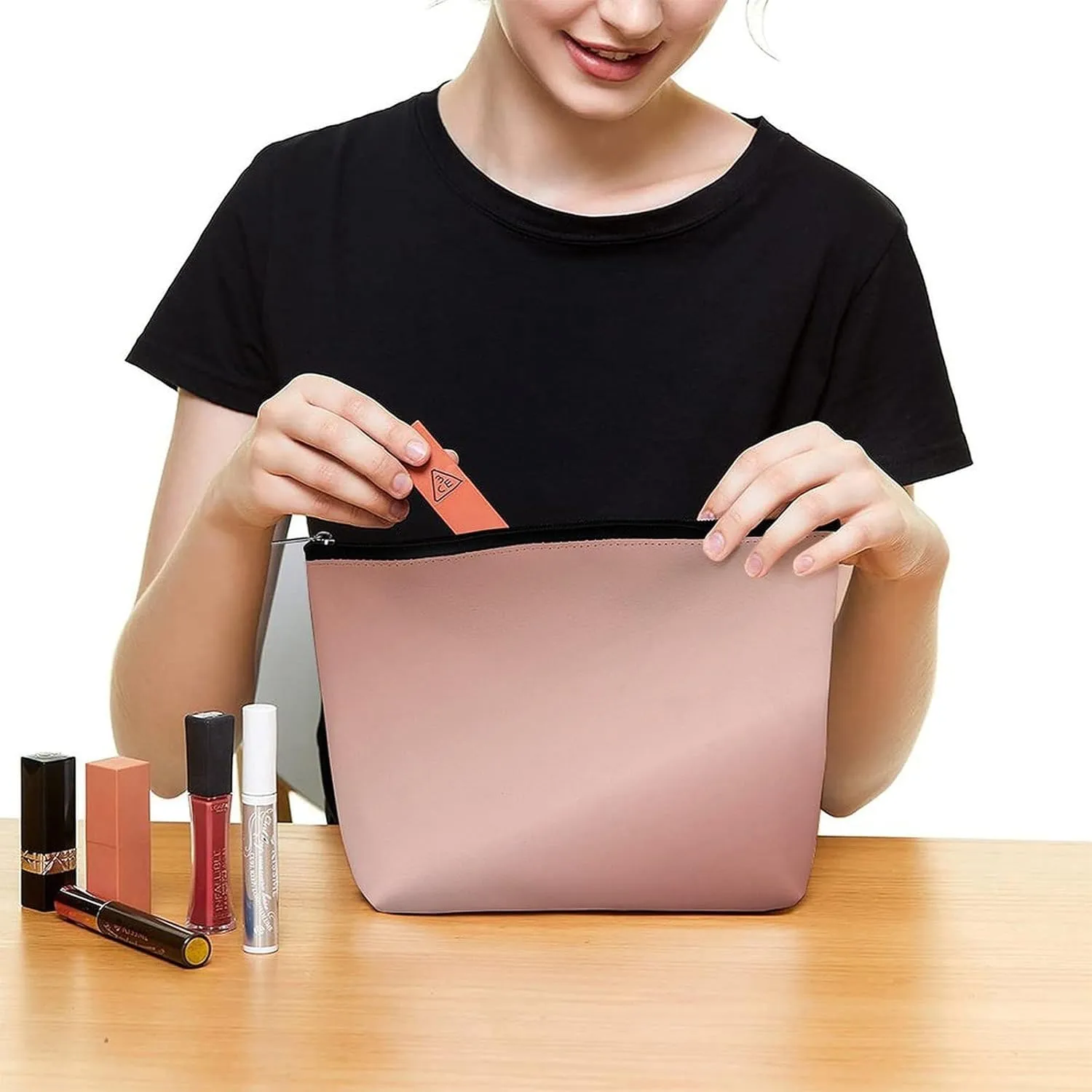 Elegant Makeup Bag, Metallic Rose Gold Cosmetic Bag Large Capacity Pouch Portable Organizer for Men & Women