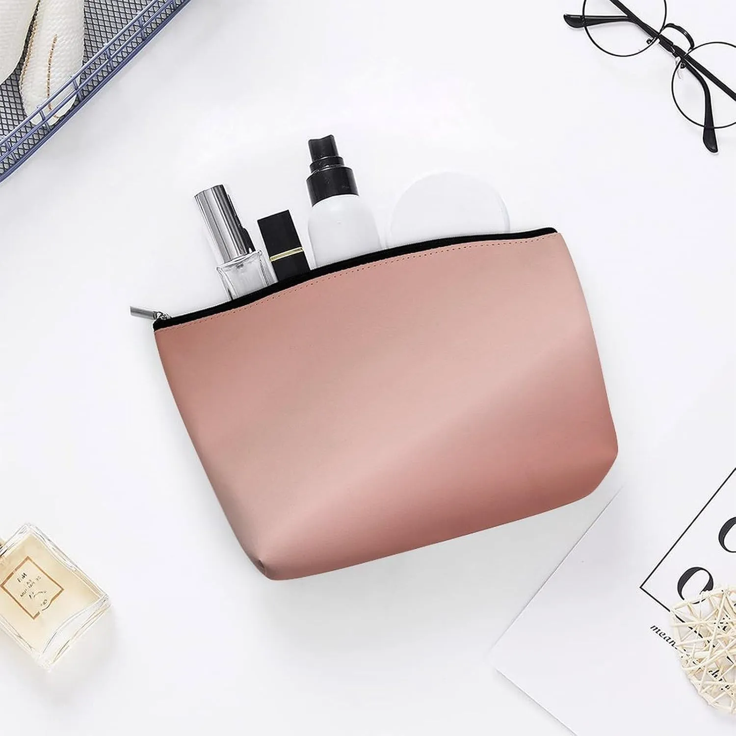 Elegant Makeup Bag, Metallic Rose Gold Cosmetic Bag Large Capacity Pouch Portable Organizer for Men & Women