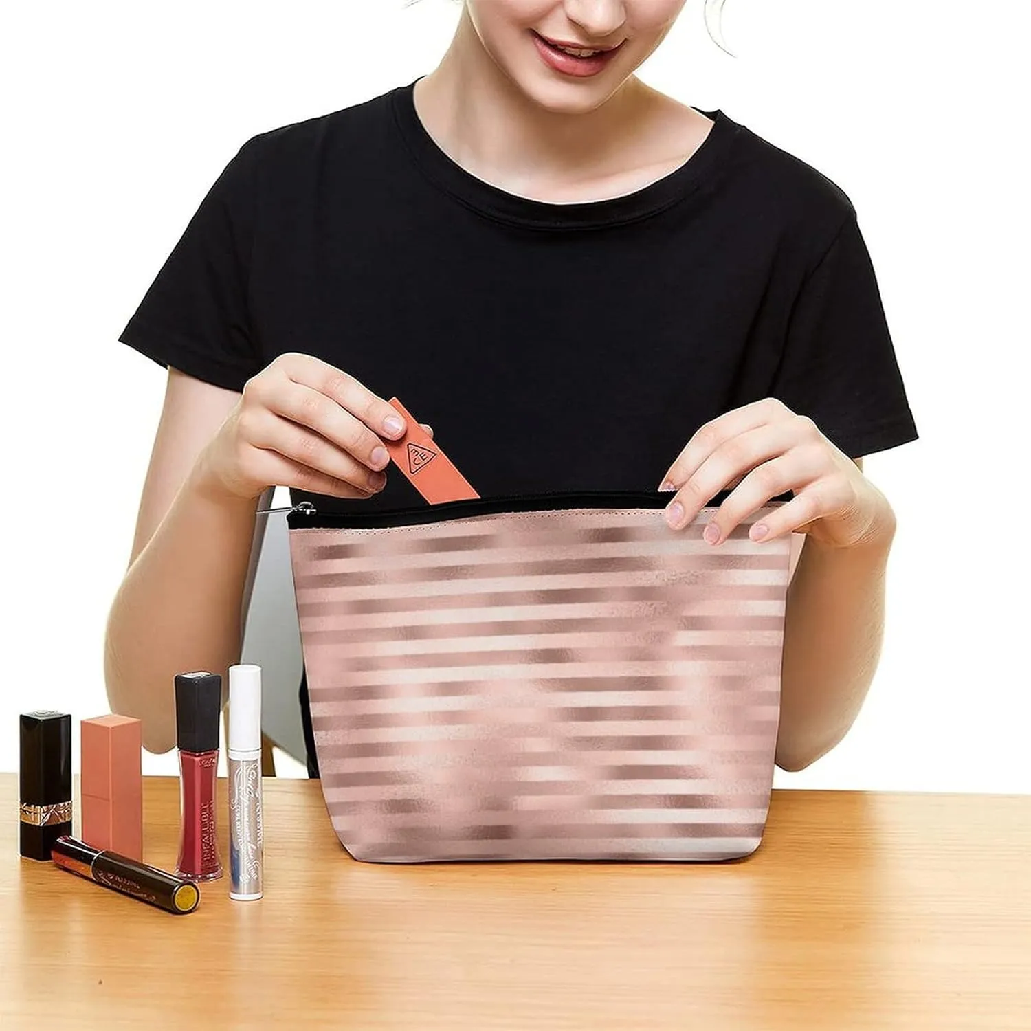 Elegant Makeup Bag, Rose Gold Blush Glitter Glam Stripes Lines Cosmetic Bag Large Capacity Pouch Portable Organizer for Men & Women