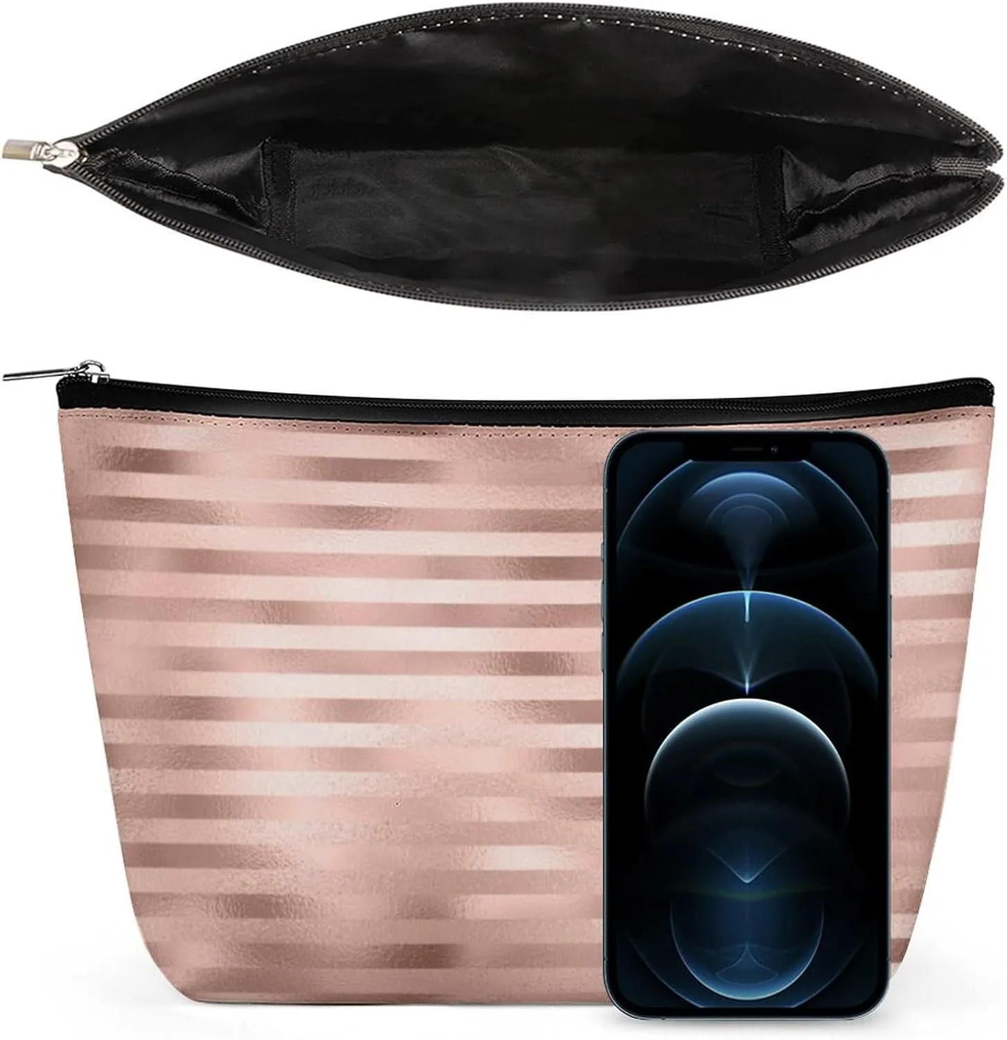 Elegant Makeup Bag, Rose Gold Blush Glitter Glam Stripes Lines Cosmetic Bag Large Capacity Pouch Portable Organizer for Men & Women
