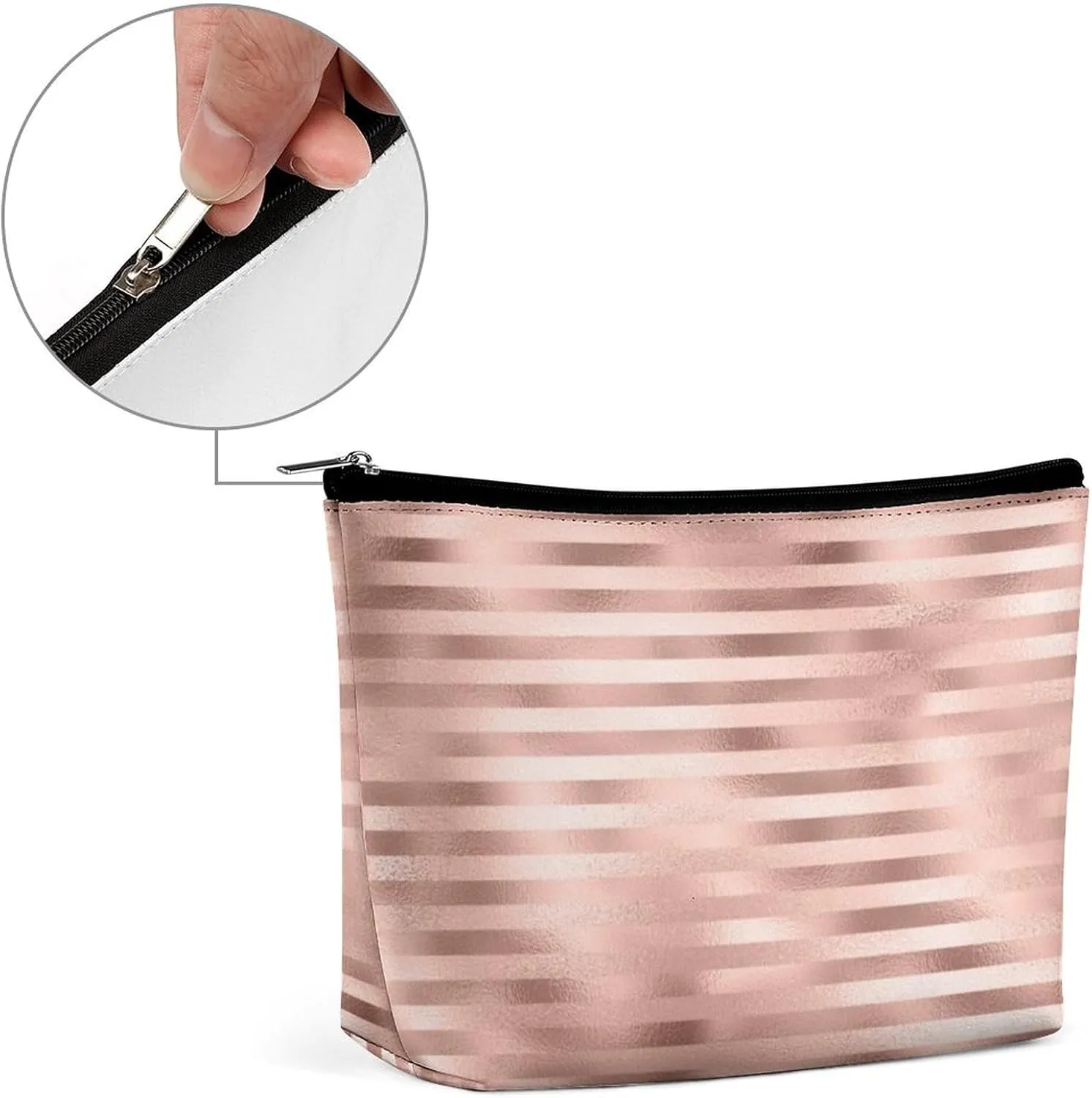 Elegant Makeup Bag, Rose Gold Blush Glitter Glam Stripes Lines Cosmetic Bag Large Capacity Pouch Portable Organizer for Men & Women