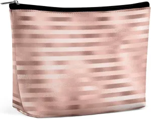Elegant Makeup Bag, Rose Gold Blush Glitter Glam Stripes Lines Cosmetic Bag Large Capacity Pouch Portable Organizer for Men & Women