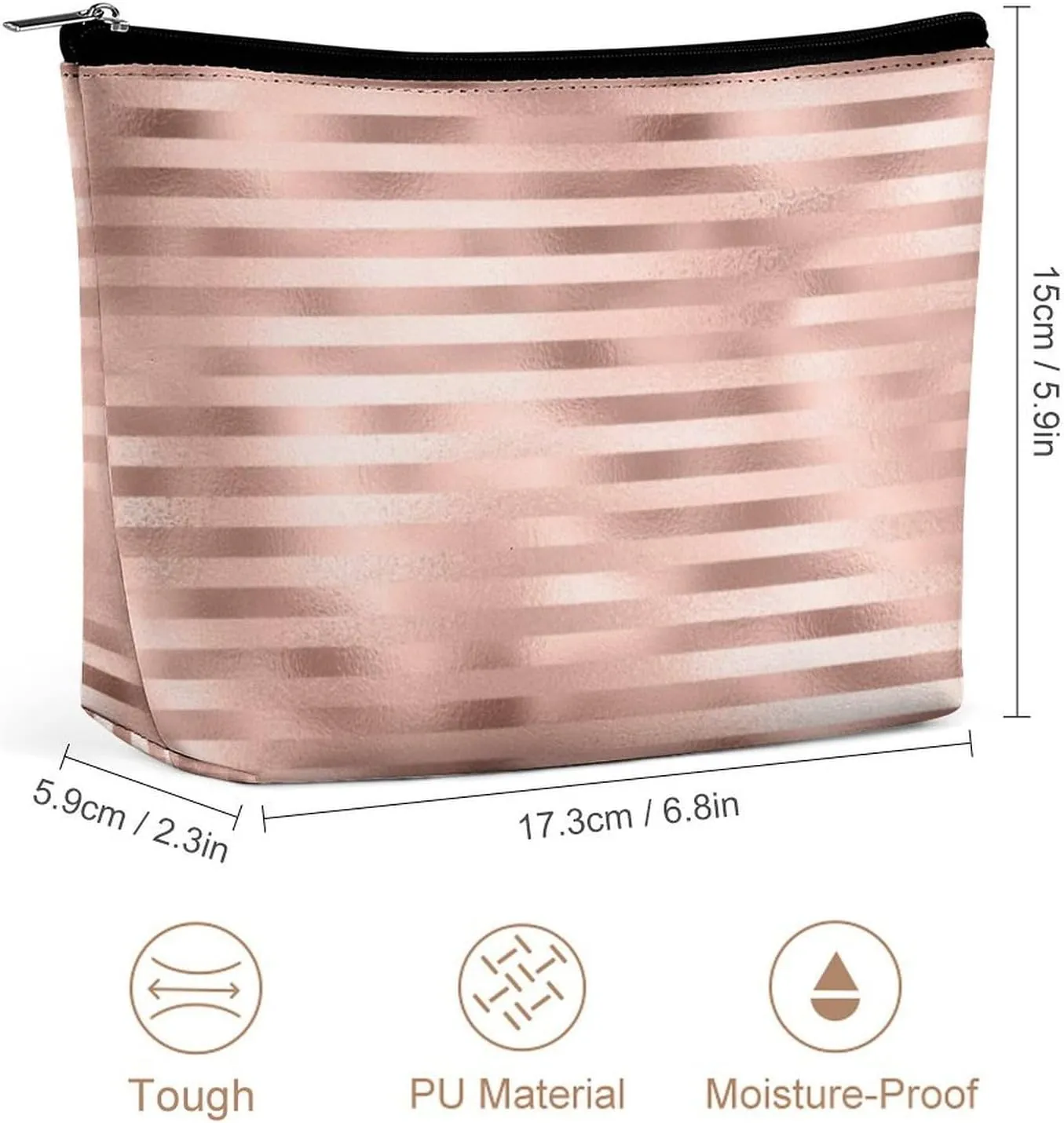 Elegant Makeup Bag, Rose Gold Blush Glitter Glam Stripes Lines Cosmetic Bag Large Capacity Pouch Portable Organizer for Men & Women