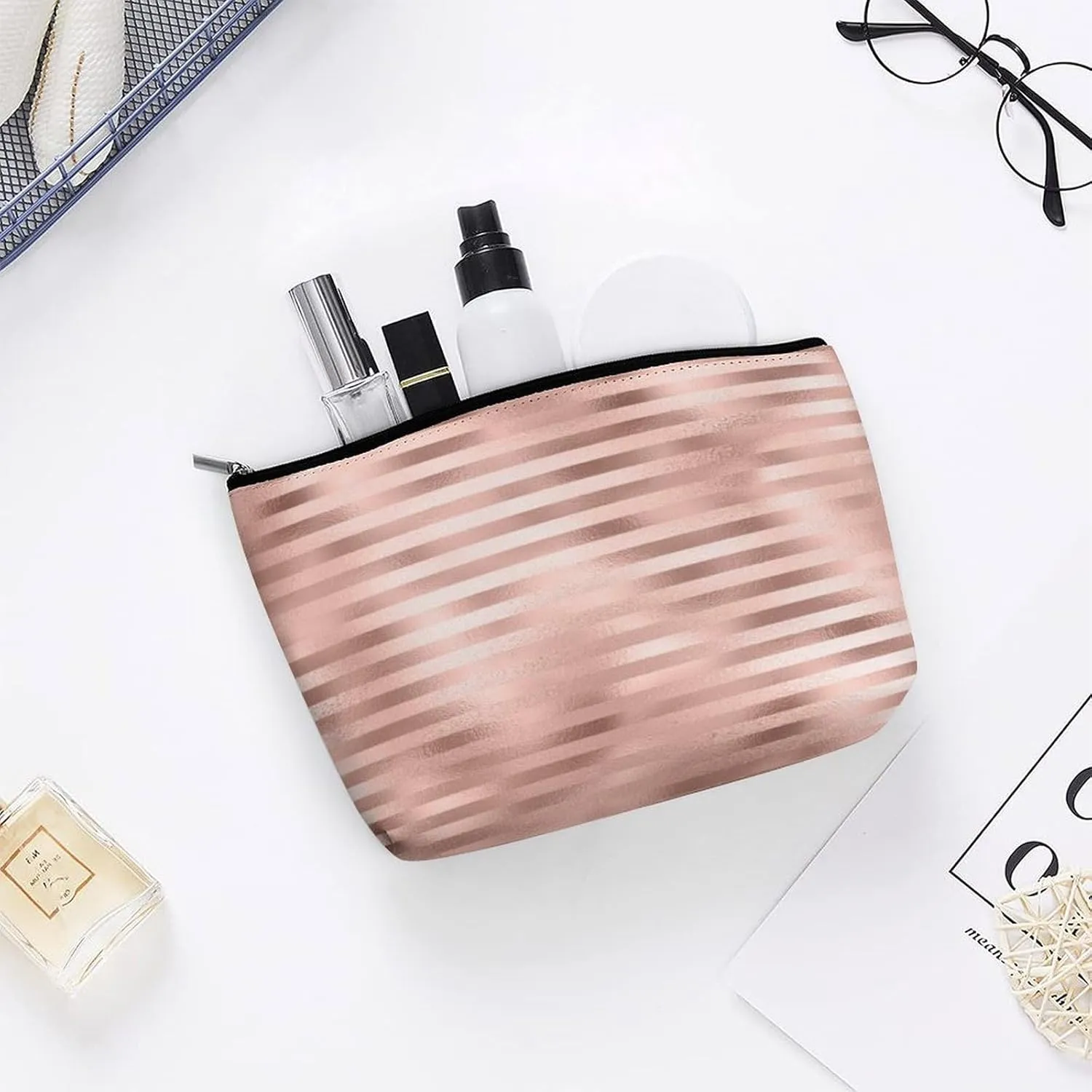 Elegant Makeup Bag, Rose Gold Blush Glitter Glam Stripes Lines Cosmetic Bag Large Capacity Pouch Portable Organizer for Men & Women