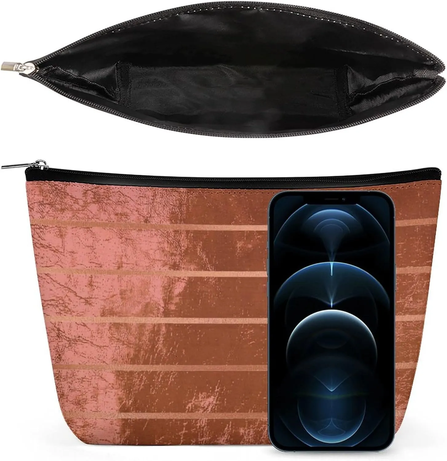 Elegant Makeup Bag, Rose Gold Metallic Copper Stripes Cosmetic Bag Large Capacity Pouch Portable Organizer for Men & Women