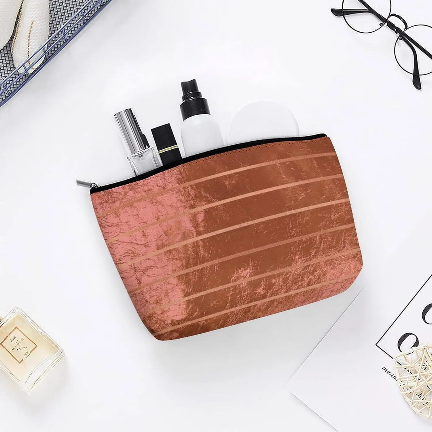 Elegant Makeup Bag, Rose Gold Metallic Copper Stripes Cosmetic Bag Large Capacity Pouch Portable Organizer for Men & Women