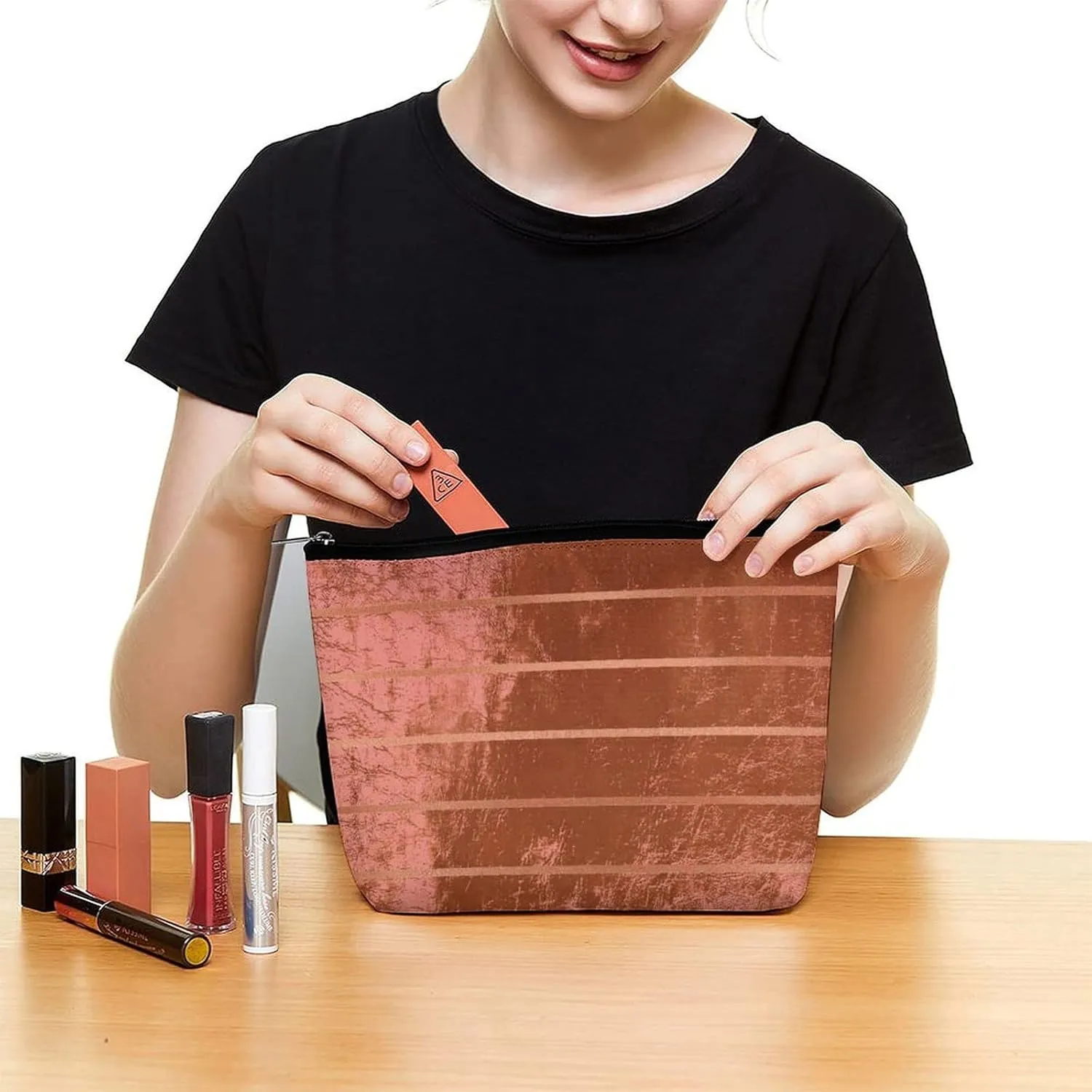 Elegant Makeup Bag, Rose Gold Metallic Copper Stripes Cosmetic Bag Large Capacity Pouch Portable Organizer for Men & Women