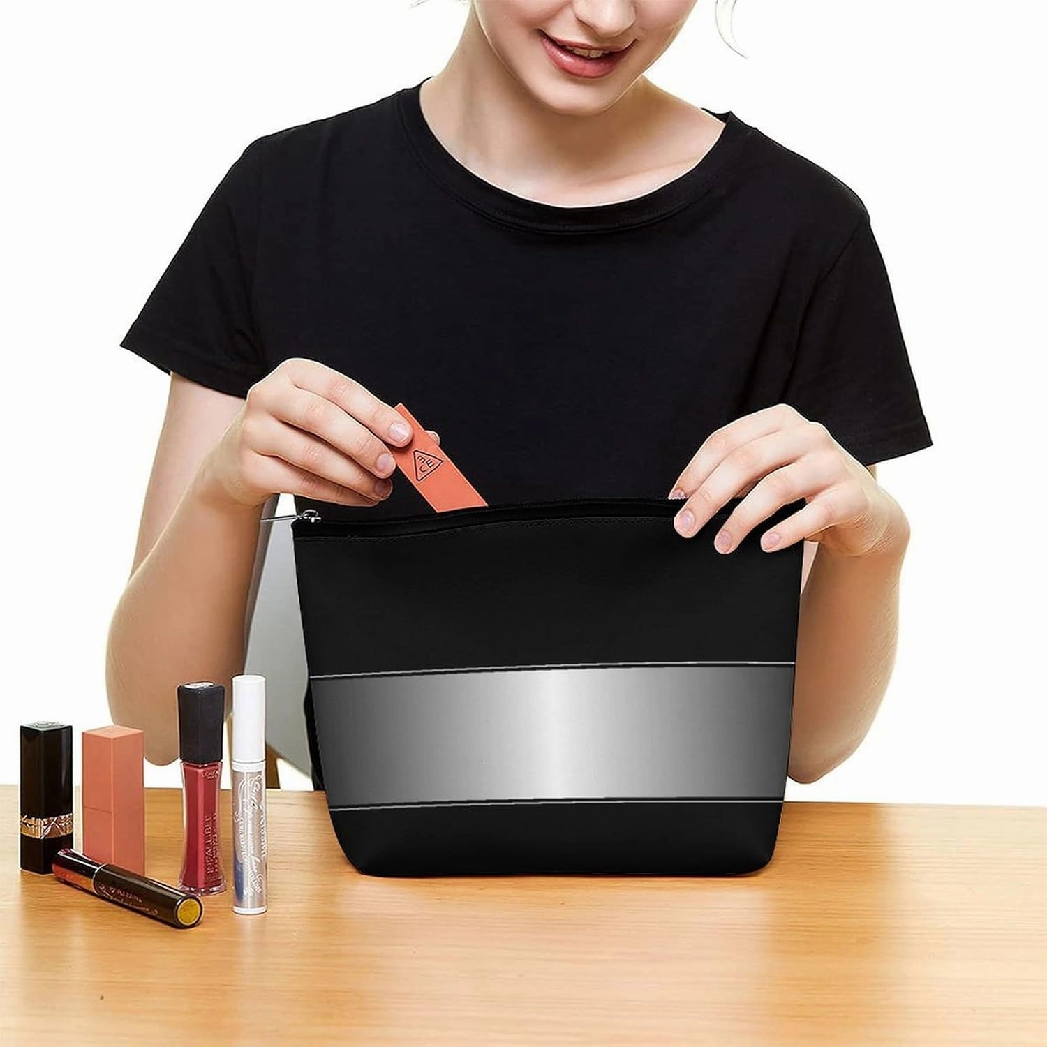 Elegant Makeup Bag, Black Silver Metallic Texture Cosmetic Bag Large Capacity Pouch Portable Organizer for Men & Women