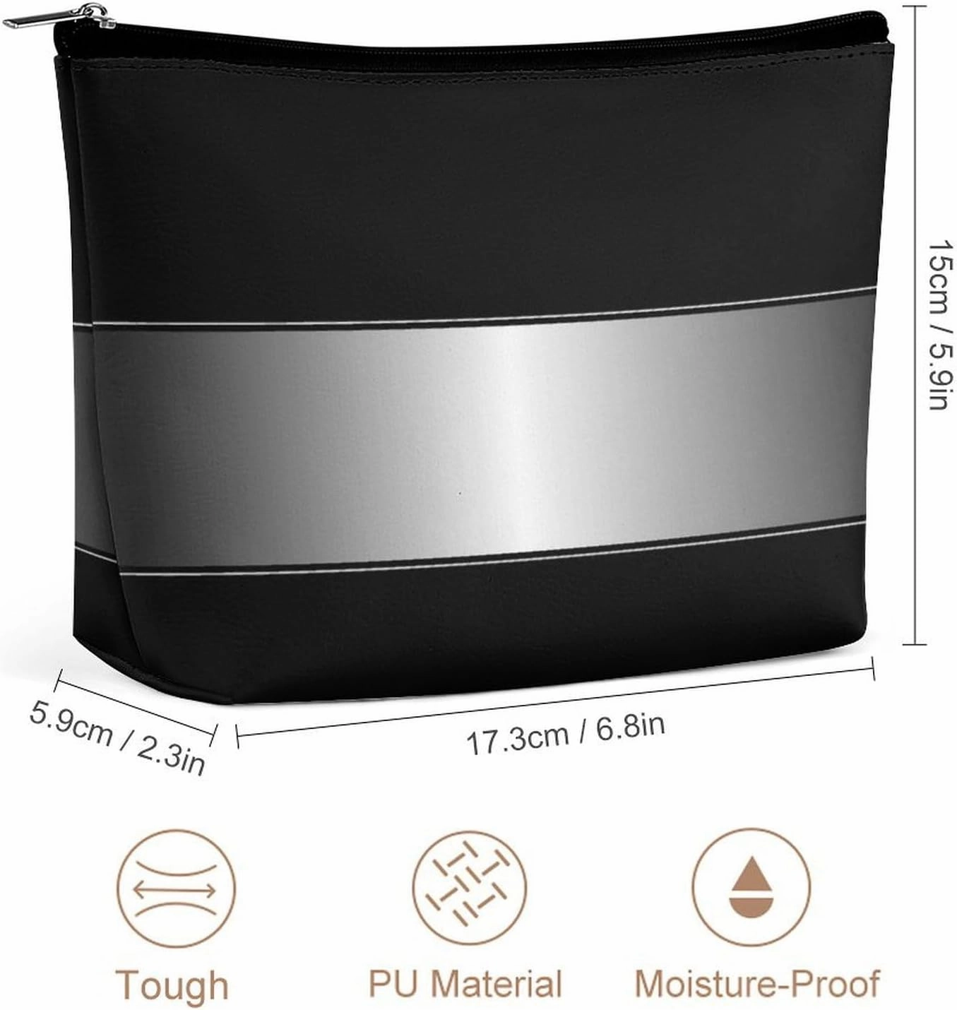 Elegant Makeup Bag, Black Silver Metallic Texture Cosmetic Bag Large Capacity Pouch Portable Organizer for Men & Women