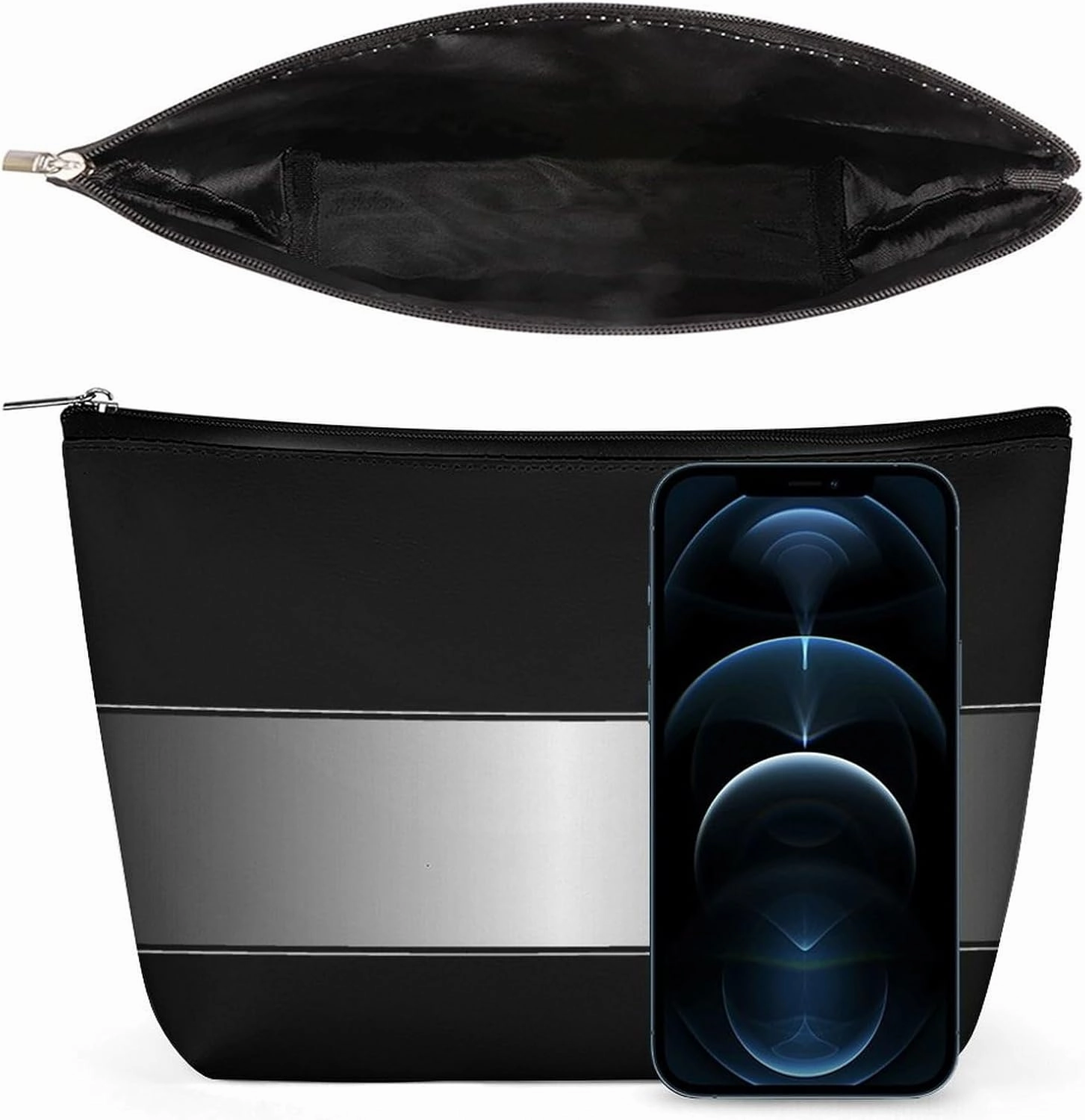 Elegant Makeup Bag, Black Silver Metallic Texture Cosmetic Bag Large Capacity Pouch Portable Organizer for Men & Women