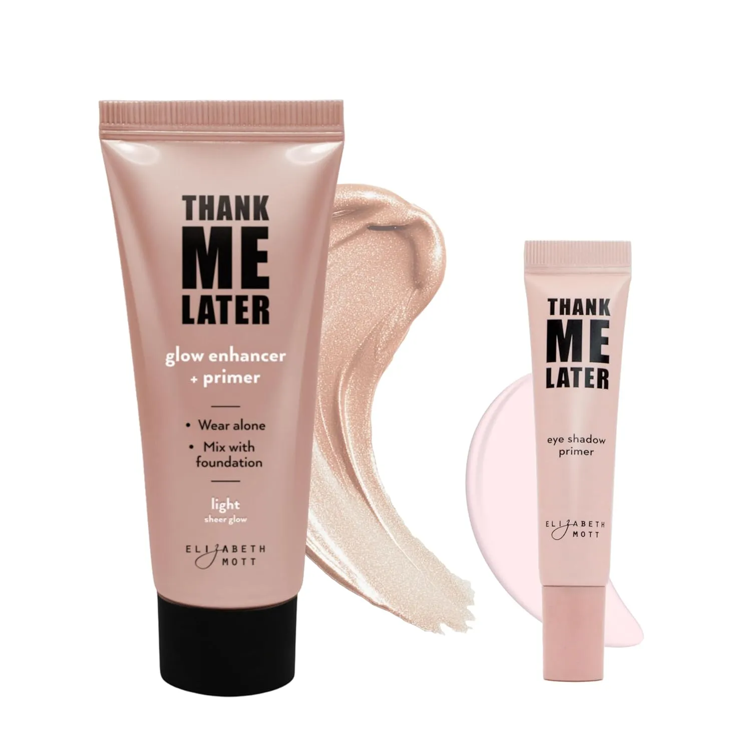 Elizabeth Mott Thank Me Later Makeup Bundle: Glow Enhancer Primer (Light Sheer, 30g) & Long-Lasting Eye Primer (10g) - Cruelty-Free, Shine Control, Pore Minimizer, Paraben & Sulphate-Free