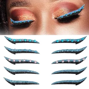 Eyeliner Sticker, 5 Pairs Glitter Eyeliner Stickers with Rhinestones Instant Adhesive Eye Line Strip Reusable Eyeshadow Stickers (Blue)
