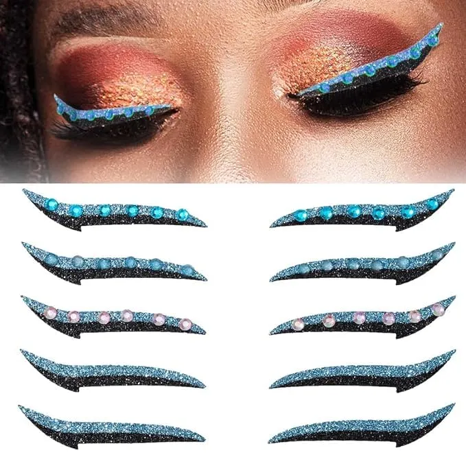 Eyeliner Sticker, 5 Pairs Glitter Eyeliner Stickers with Rhinestones Instant Adhesive Eye Line Strip Reusable Eyeshadow Stickers (Blue)
