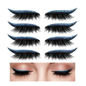 Eyeliner Stickers,Glitter Eyeliner Stickers 8 Pairs Eyelash Stickers Reusable Eyelid and Eyelash Stickers Makeup Stickers Waterproof (blue)