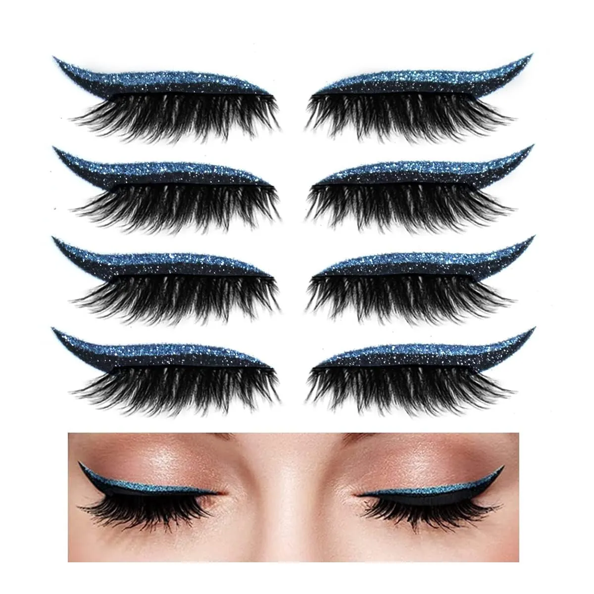 Eyeliner Stickers,Glitter Eyeliner Stickers 8 Pairs Eyelash Stickers Reusable Eyelid and Eyelash Stickers Makeup Stickers Waterproof (blue)