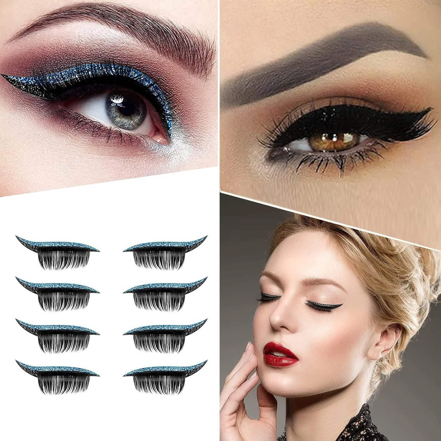 Eyeliner Stickers,Glitter Eyeliner Stickers 8 Pairs Eyelash Stickers Reusable Eyelid and Eyelash Stickers Makeup Stickers Waterproof (blue)