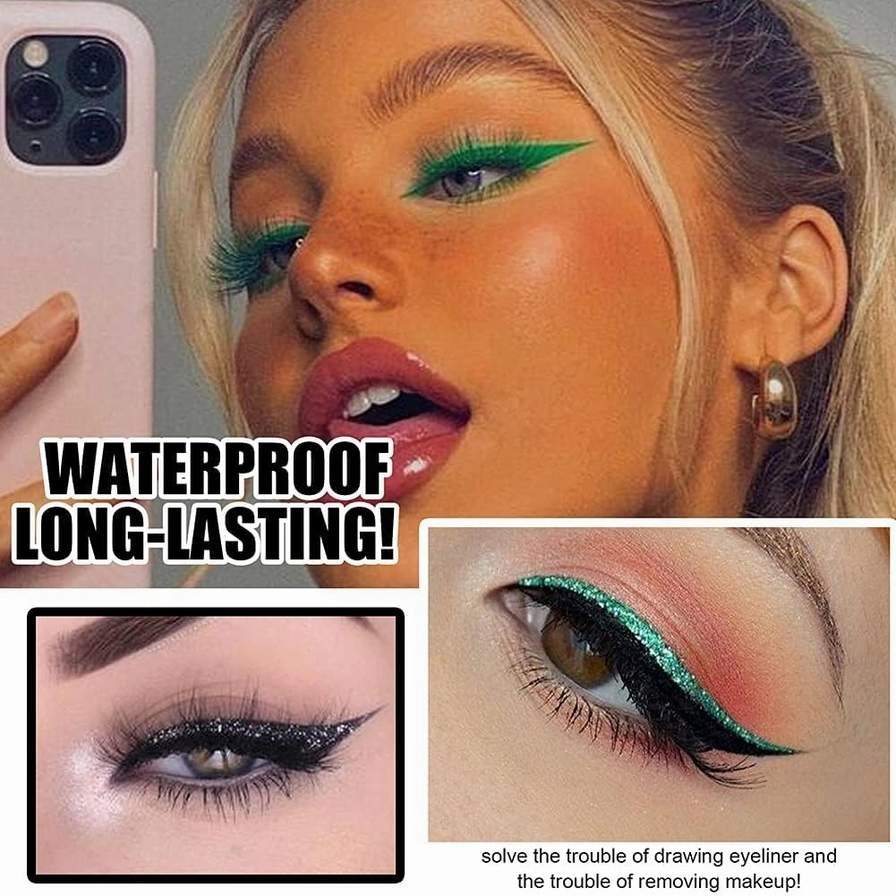 Eyeliner Stickers,Glitter Eyeliner Stickers 8 Pairs Eyelash Stickers Reusable Eyelid and Eyelash Stickers Makeup Stickers Waterproof (Transparent Green)
