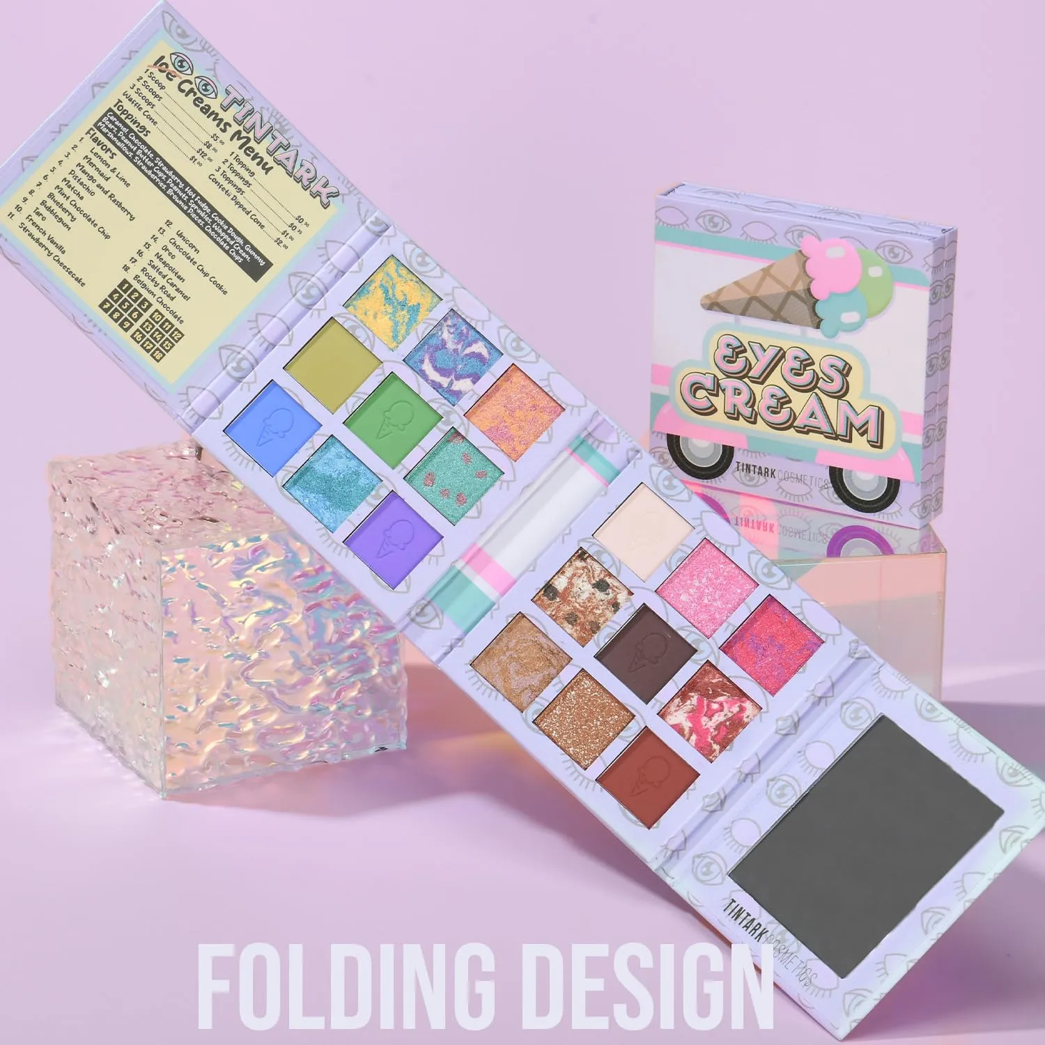 Eyes Cream Eyeshadow Palette Makeup, Blue Pink Nude Brown Glitter Shimmer Matte Eye Shadow Pallets for Cute Popular Eye Make up, 18 colors Ice Cream Original Design, Talc Free