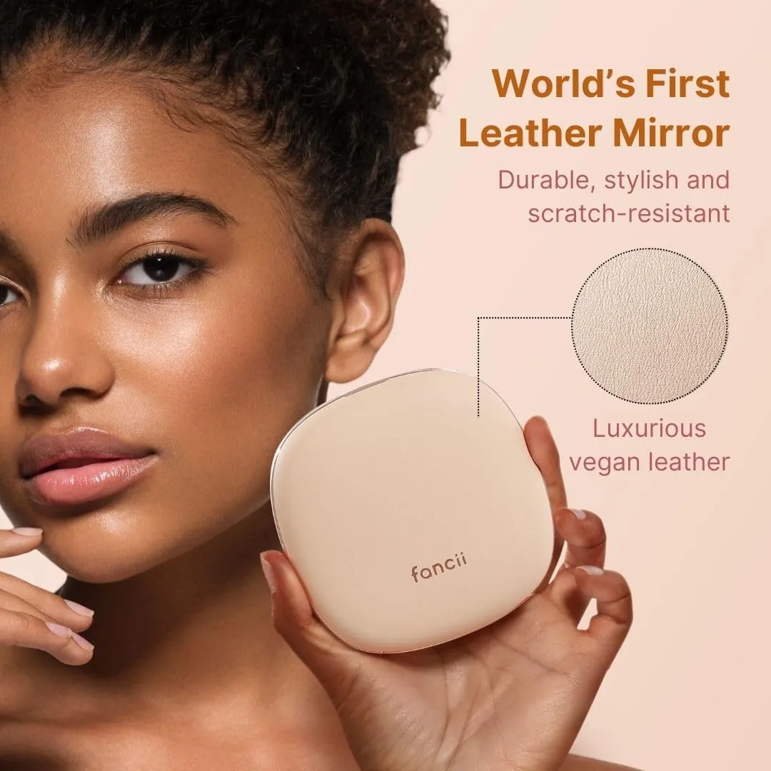 Fancii Mila 2 Compact Makeup Mirror with LED Light, Rechargeable, 10x /1x Magnifying, Tru-Glow Lighting System, Vegan Leather, Small Travel Mirror for Purses (Champagne Cream)