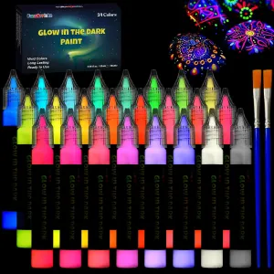 FansArriche Glow in the Dark Paint Markers, 24 Colors x 20 ml 3D Waterproof Acrylic Fabric Paint Pens for Clothes, Canvas, Glasses