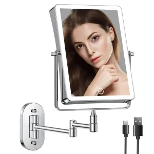 FASCINATE Rechargeable Wall Mounted Makeup Mirror, 8.7 Inch Double Sided 1X 10X Magnifying Bathroom Mirror Rectangle, 3 Color Setting, Extended Arm 360° Swivel Foldable Chrome