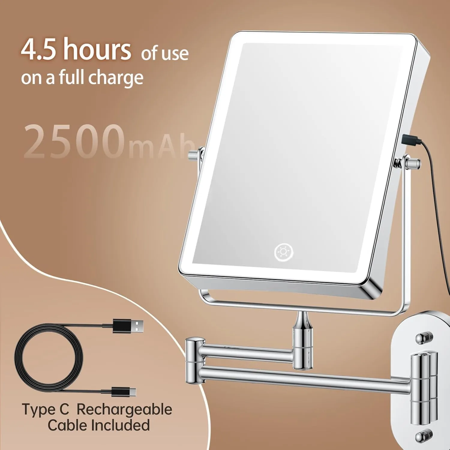 FASCINATE Rechargeable Wall Mounted Makeup Mirror, 8.7 Inch Double Sided 1X 10X Magnifying Bathroom Mirror Rectangle, 3 Color Setting, Extended Arm 360° Swivel Foldable Chrome
