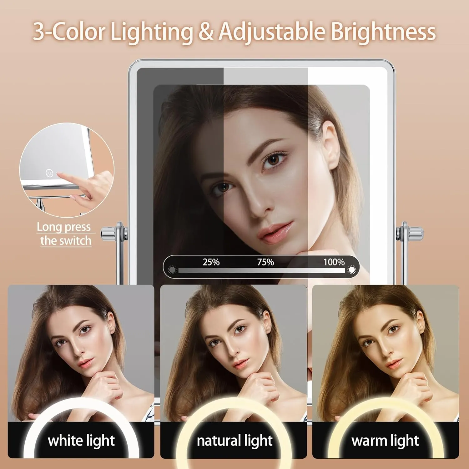 FASCINATE Rechargeable Wall Mounted Makeup Mirror, 8.7 Inch Double Sided 1X 10X Magnifying Bathroom Mirror Rectangle, 3 Color Setting, Extended Arm 360° Swivel Foldable Chrome