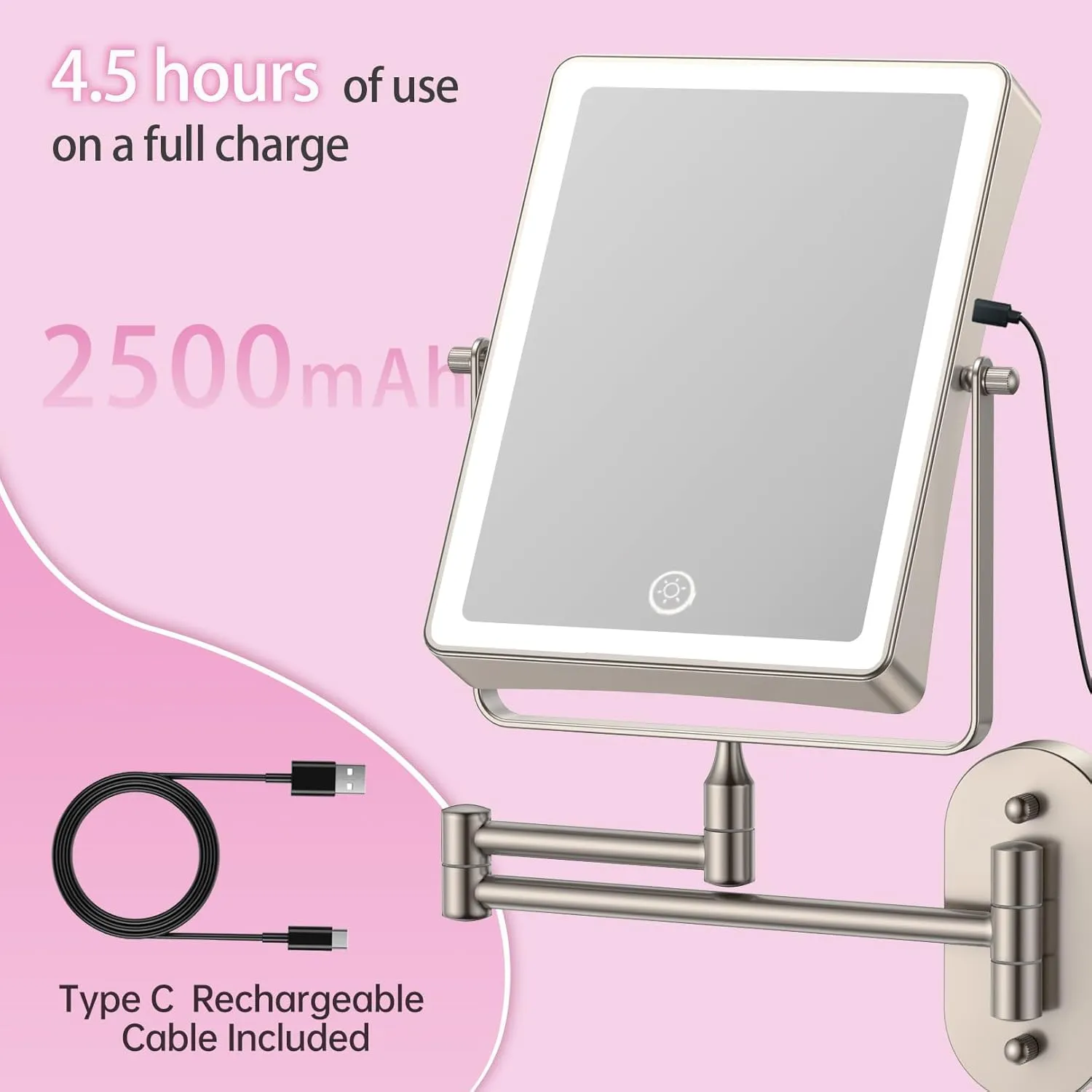 FASCINATE Rechargeable Wall Mounted Makeup Mirror, Bathroom Mirror Rectangle 8.7 Inch Double Sided 1X 10X Magnifying, 3 Color Setting, Extended Arm 360° Swivel Foldable Nichel