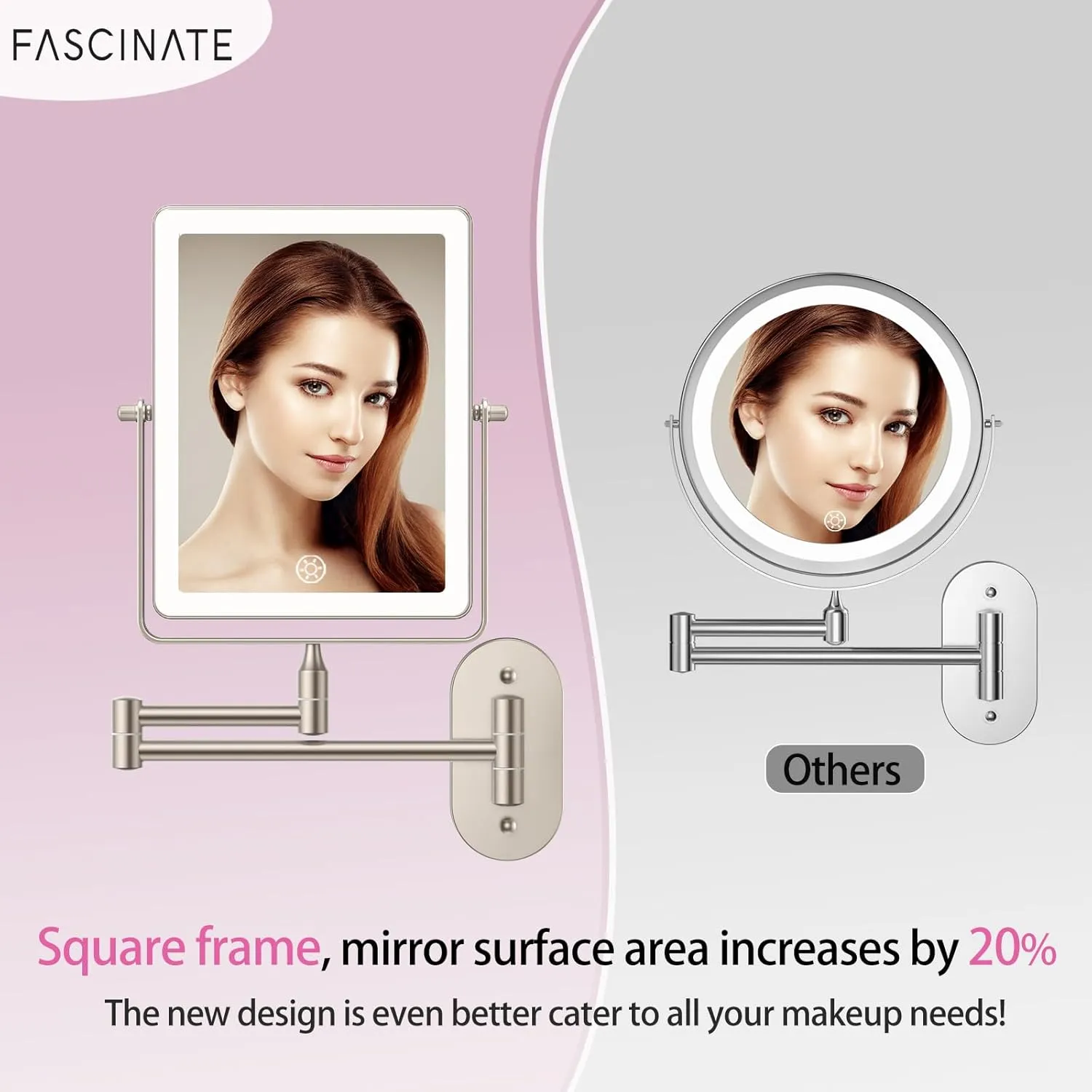 FASCINATE Rechargeable Wall Mounted Makeup Mirror, Bathroom Mirror Rectangle 8.7 Inch Double Sided 1X 10X Magnifying, 3 Color Setting, Extended Arm 360° Swivel Foldable Nichel