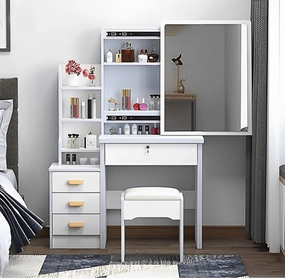 Fashion Vanity Desk with Mirror and Lights for Makeup and Chair, Vanity Mirror with Lights and Table Set with 3 Color Lighting Brightness Adjustable, 4 Drawers, White Color