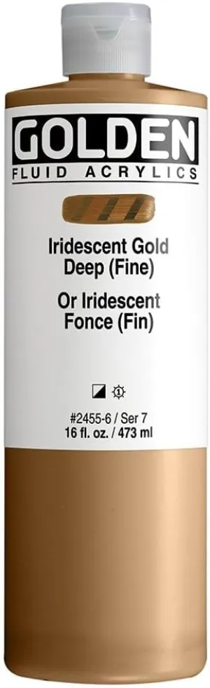 Fluid Acrylics by GOLDEN, Iridescent Gold Deep (Fine), 16 fl. oz. Bottle, Professional Acrylic Paint, Semi-Opaque