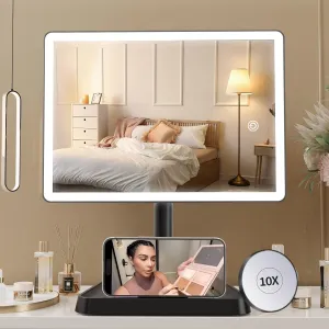 FUNTOUCH Rechargeable Makeup Vanity Mirror with Lights, Large Lighted Desk Makeup Mirror with 96 LED Lights and 10x Magnifying Mirror, 3 Color Lighting, Make up Light Mirror with Phone Holder
