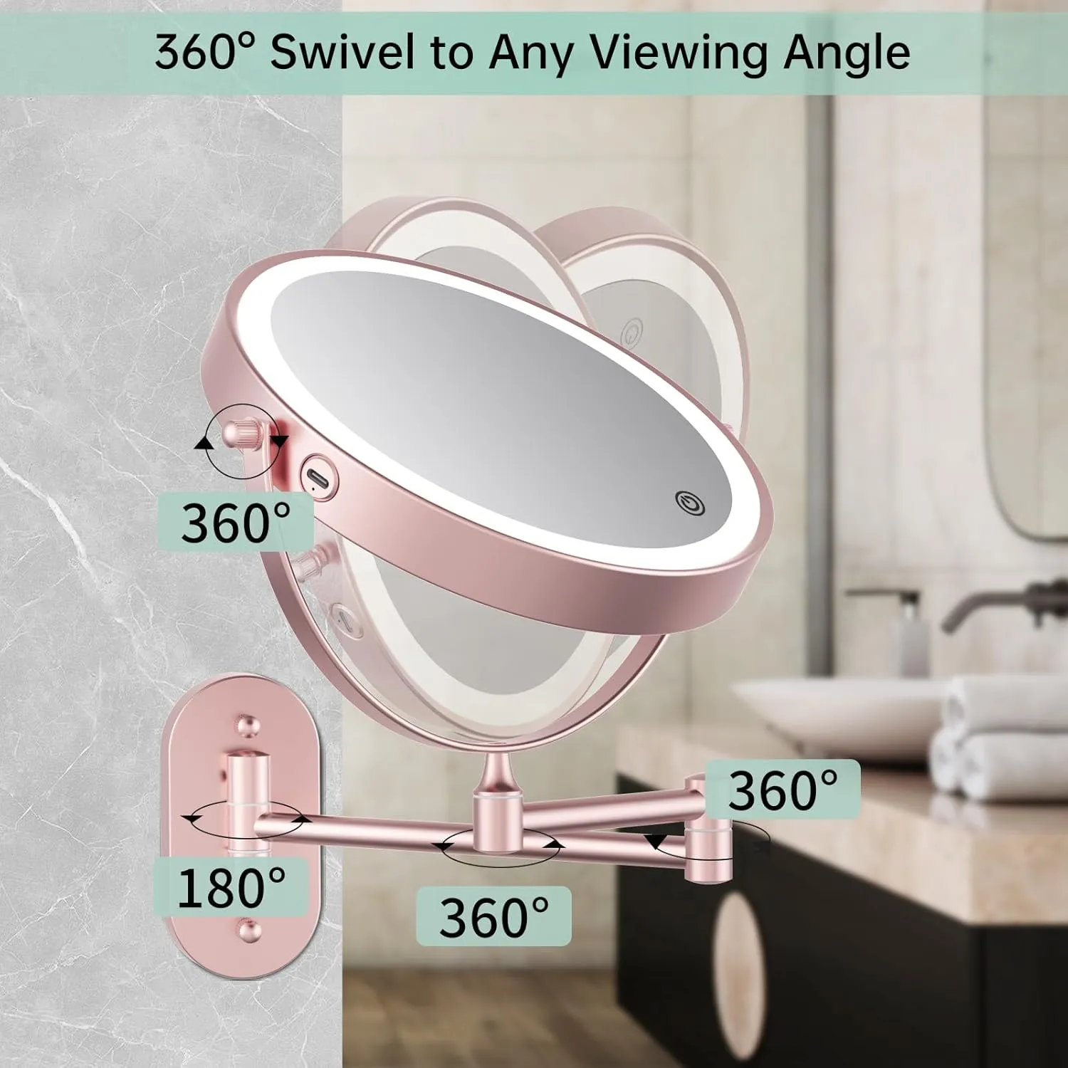 FUNTOUCH Rechargeable Wall Mounted Lighted Makeup Vanity Mirror 8 Inch Double Sided 1X 10X Magnifying Bathroom Mirror, 3 Color Lighting, Touch Dimming, Extended Arm 360° Light up Mirror