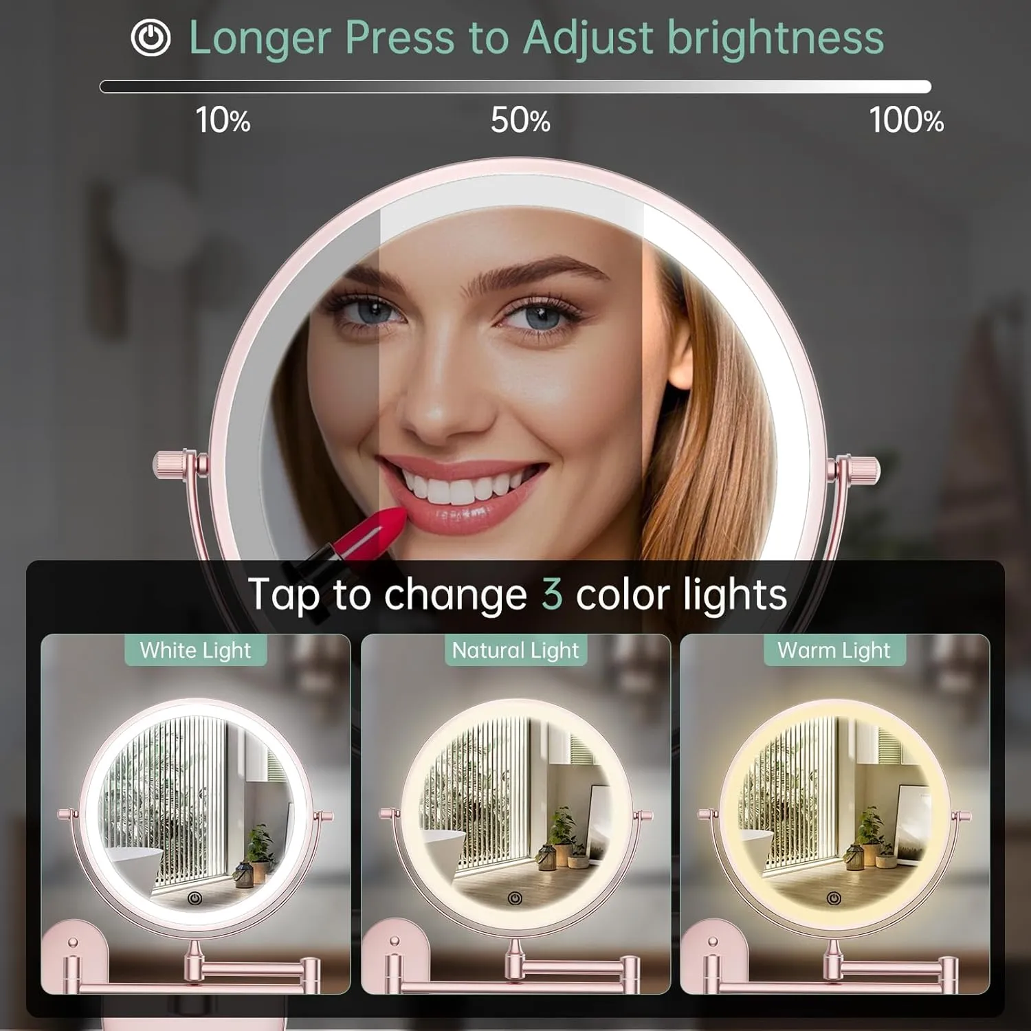 FUNTOUCH Rechargeable Wall Mounted Lighted Makeup Vanity Mirror 8 Inch Double Sided 1X 10X Magnifying Bathroom Mirror, 3 Color Lighting, Touch Dimming, Extended Arm 360° Light up Mirror