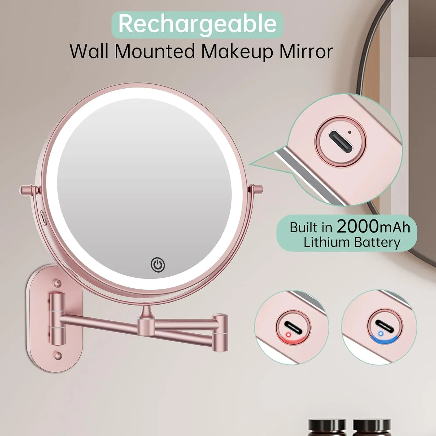 FUNTOUCH Rechargeable Wall Mounted Lighted Makeup Vanity Mirror 8 Inch Double Sided 1X 10X Magnifying Bathroom Mirror, 3 Color Lighting, Touch Dimming, Extended Arm 360° Light up Mirror