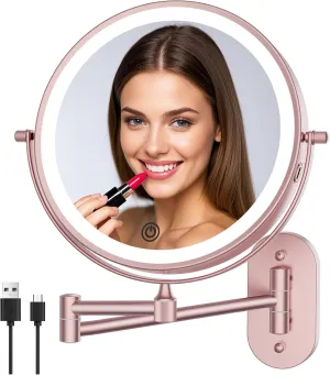 FUNTOUCH Rechargeable Wall Mounted Lighted Makeup Vanity Mirror 8 Inch Double Sided 1X 10X Magnifying Bathroom Mirror, 3 Color Lighting, Touch Dimming, Extended Arm 360° Light up Mirror