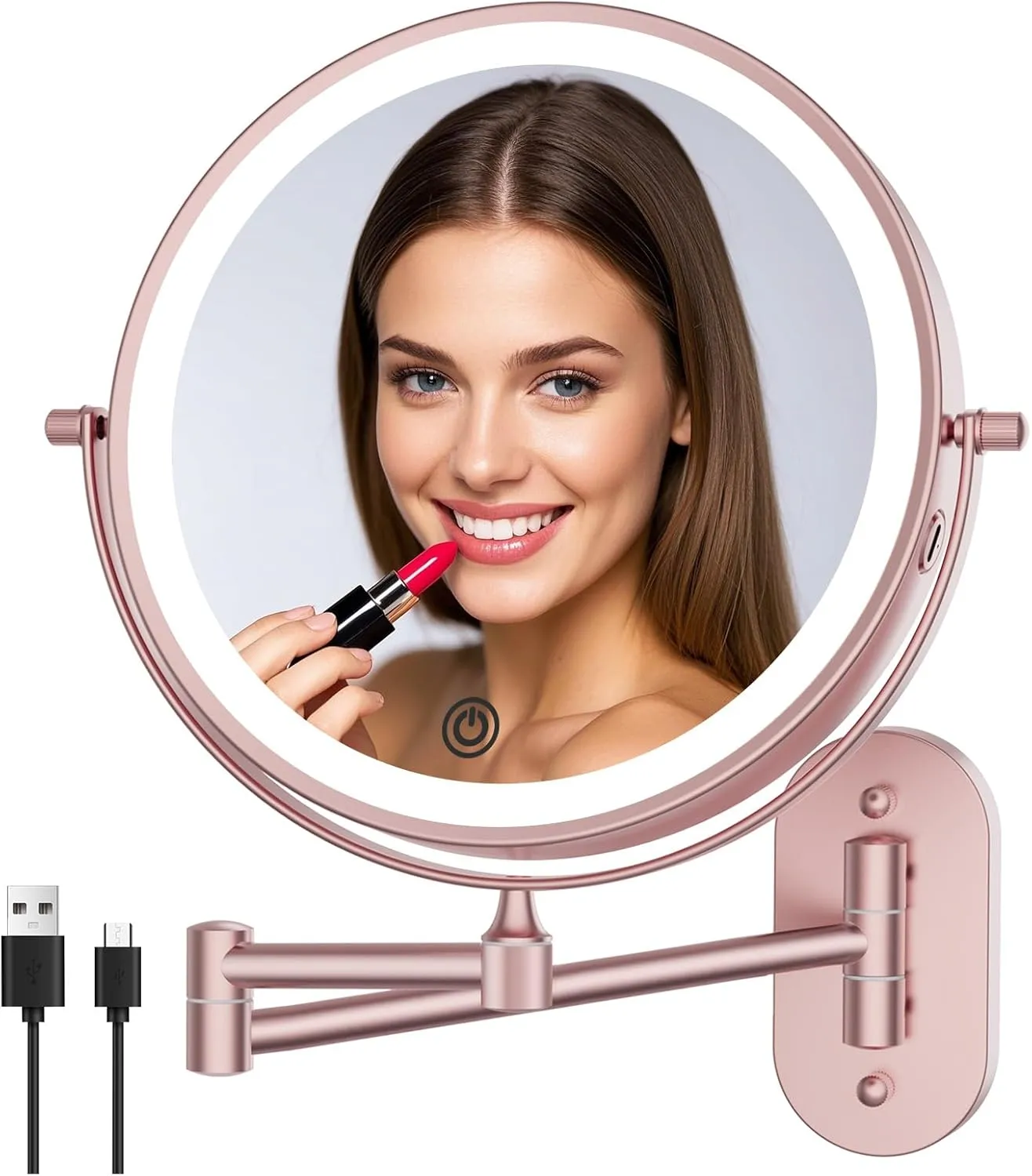 FUNTOUCH Rechargeable Wall Mounted Lighted Makeup Vanity Mirror 8 Inch Double Sided 1X 10X Magnifying Bathroom Mirror, 3 Color Lighting, Touch Dimming, Extended Arm 360° Light up Mirror