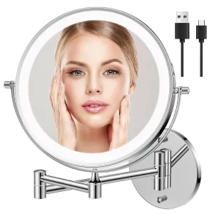 FUNTOUCH Rechargeable Wall Mounted Makeup Mirror with Lights, 1X10X Wall Mount Lighted Magnifying Mirror,Double Sided Wall Mirror for Bathroom,3 Color Lights,Touch Dimmable, Extended Arm 360 Rotation