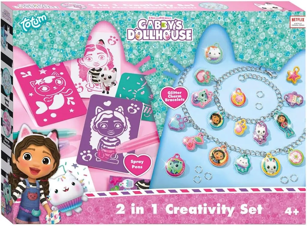 Gabby's Dollhouse Craft Set 2 in 1 Glitter Charm Bracelets & Blow Pens Set, Pink