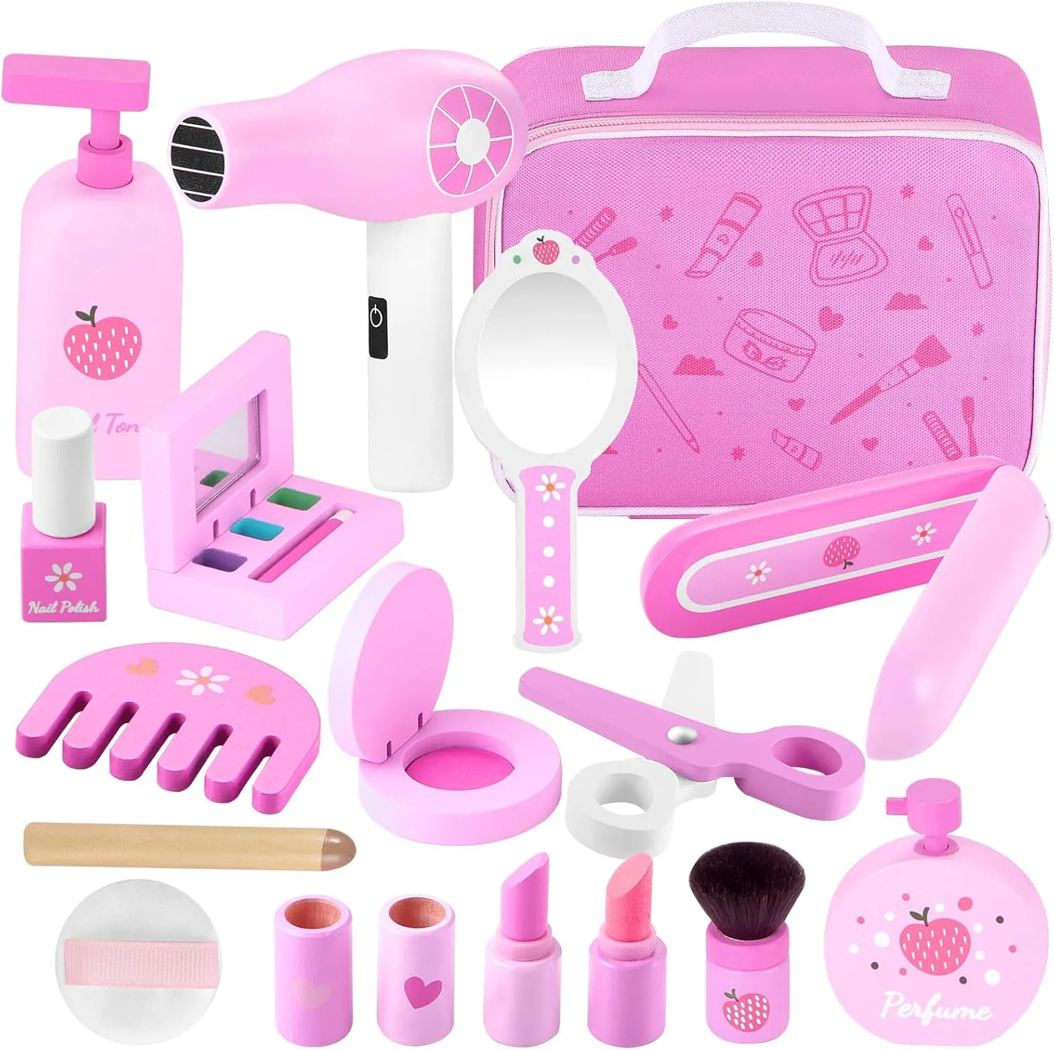 GAGAKU Wooden Makeup Toy Set Pretend Wood Beauty Hair Salon Toys for Toddler Wooden Makeup Kit for Girls with Styling Tools Christmas Birthday Gift for 3 4 5 6 7 Years Old Girls