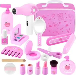 GAGAKU Wooden Makeup Toy Set Pretend Wood Beauty Hair Salon Toys for Toddler Wooden Makeup Kit for Girls with Styling Tools Christmas Birthday Gift for 3 4 5 6 7 Years Old Girls