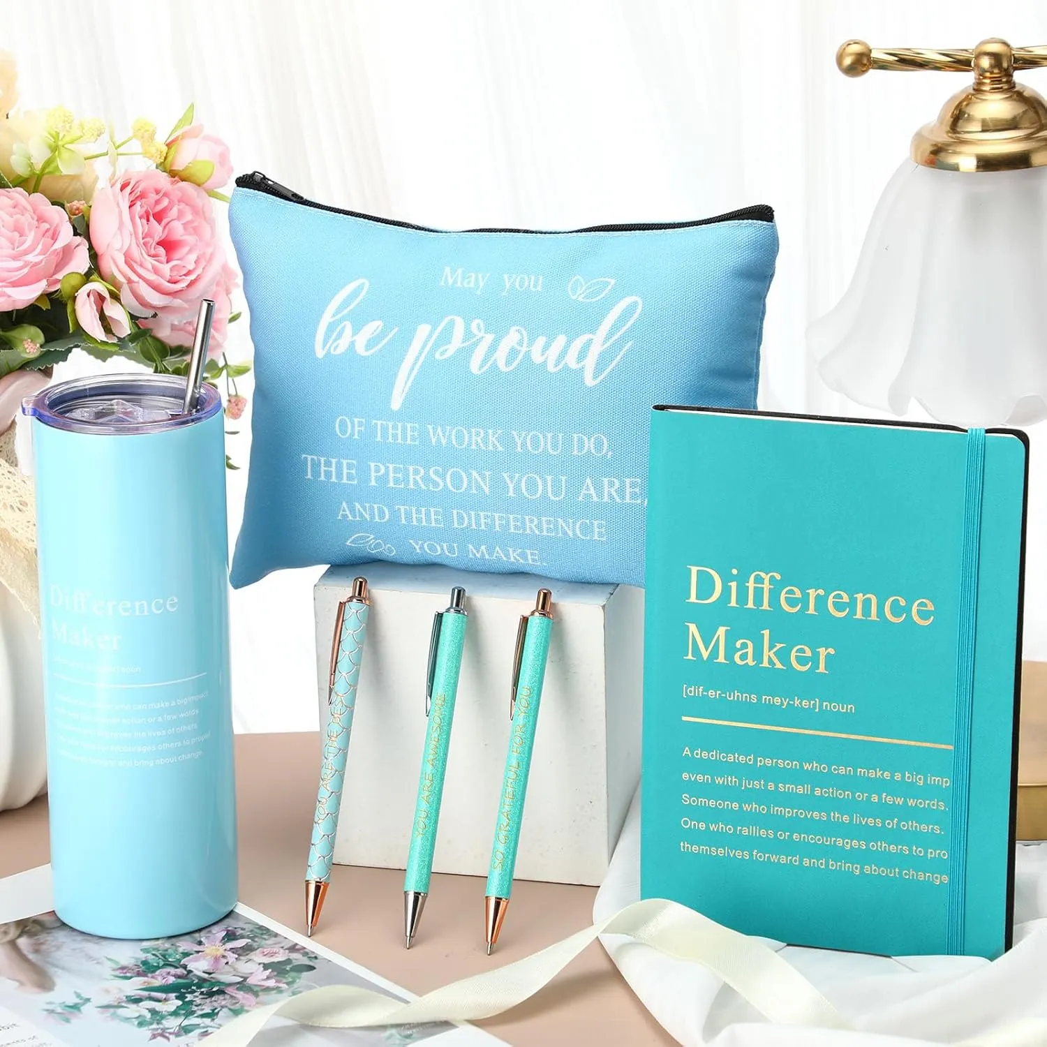 Geiserailie 6 Pcs Employee Appreciation Gift Set Thank You Difference Maker Gift May You Be Proud 20 oz Tumbler Leather Journal Ballpoint Pens Makeup Bag for Graduation Teacher Women Men (Blue)